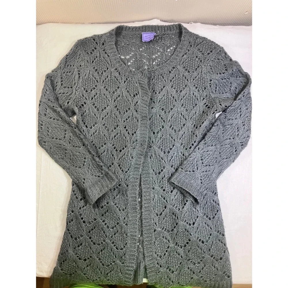 Michelle Nicole Gray‎ Wool Blend Pointelle Knit Open Front Duster Cardigan Large